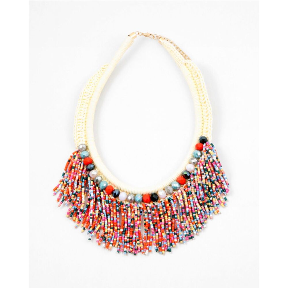 Boho Multicolor Seed Bead Fringe Bib Collar Statement Necklace